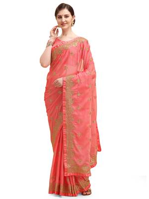 Orange embroidered chiffon saree with blouse 1