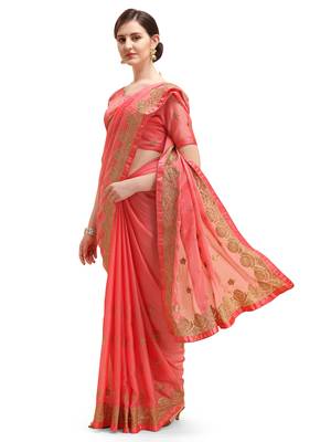 Orange embroidered chiffon saree with blouse 2