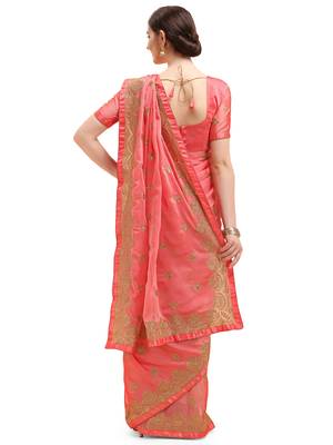 Orange embroidered chiffon saree with blouse 3