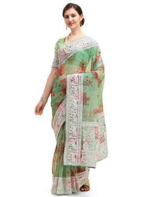 Green embroidered organza saree with blouse 1