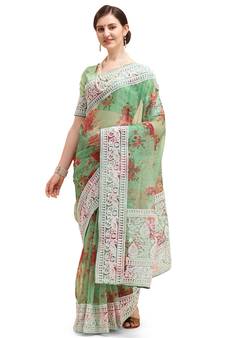 Green embroidered organza saree with blouse