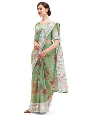 Green embroidered organza saree with blouse 2