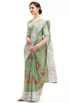 Green embroidered organza saree with blouse