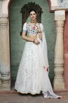 White fancy sequins embroidered with glistening embellished Georgette semi stitched lehenga 