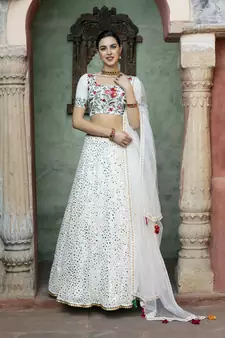 White fancy sequins embroidered with glistening embellished Georgette semi stitched lehenga 