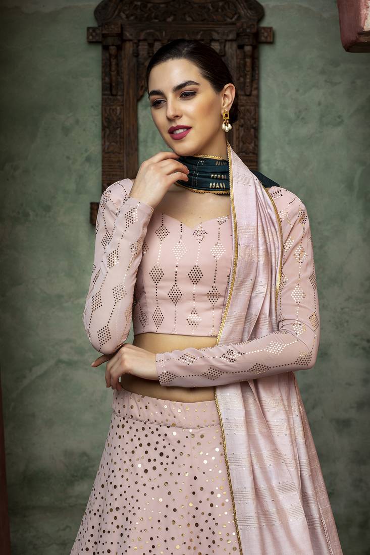 Dusty Pink fancy sequins embroidered with glistening embellished Georgette semi stitched lehenga 