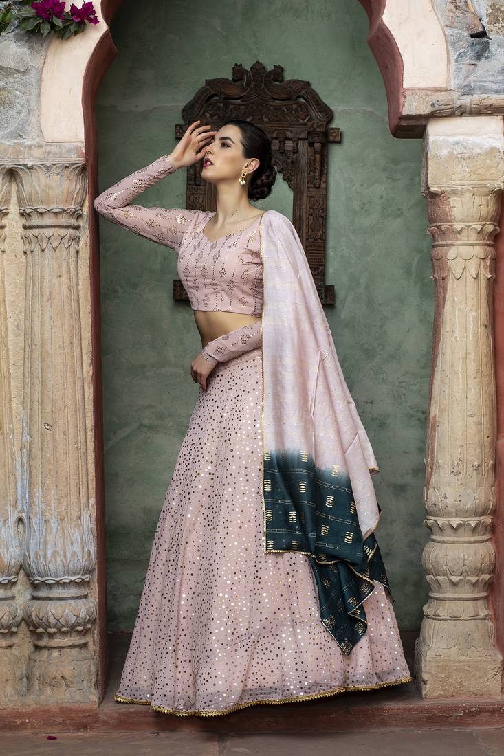 Dusty Pink fancy sequins embroidered with glistening embellished Georgette semi stitched lehenga 