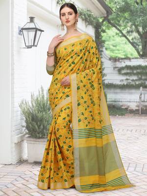 Yellow printed cotton silk saree with blouse 1