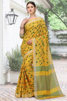 Yellow printed cotton silk saree with blouse
