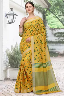 Yellow printed cotton silk saree with blouse