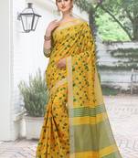 Yellow printed cotton silk saree with blouse