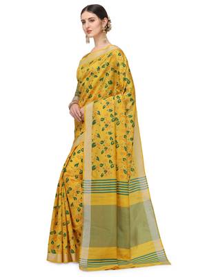 Yellow printed cotton silk saree with blouse 2