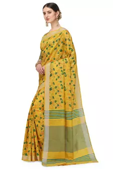 Yellow printed cotton silk saree with blouse