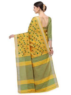 Yellow printed cotton silk saree with blouse 3