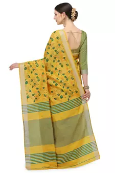 Yellow printed cotton silk saree with blouse