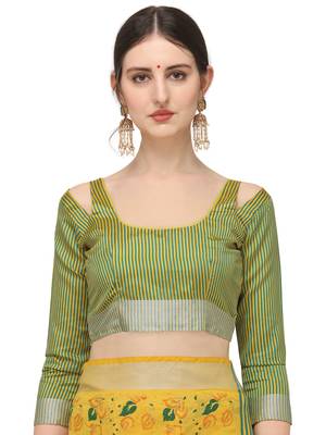 Yellow printed cotton silk saree with blouse 5