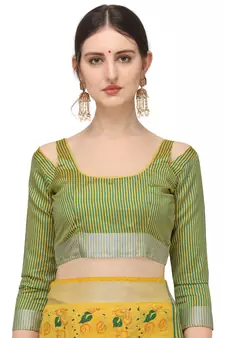 Yellow printed cotton silk saree with blouse