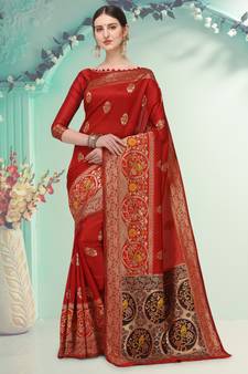 Red woven cotton saree with blouse
