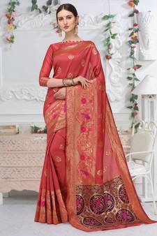 Pink woven cotton saree with blouse