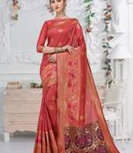Pink woven cotton saree with blouse