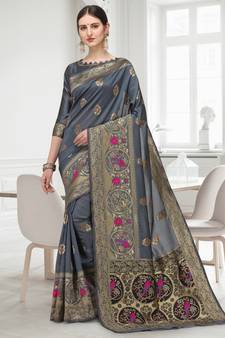 Grey woven cotton saree with blouse