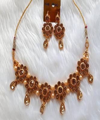 Elegent Flower Inspired Ad Stones Necklace  Set With Matching Earrings For Women 1