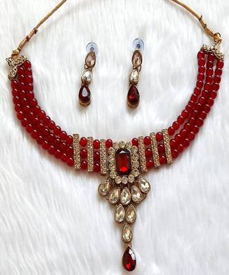Crystal Shine Maroon Black Beads Ethnic Kundan Necklace  & Earring Set For Women 1