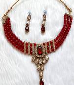 Crystal Shine Maroon Black Beads Ethnic Kundan Necklace  & Earring Set For Women