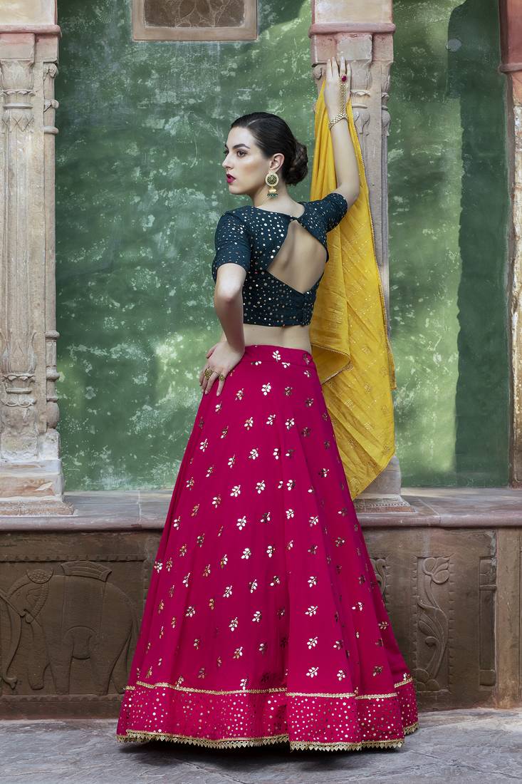 Rani Pink fancy sequins embroidered with glistening embellished Georgette Semi Stitched Lehenga 