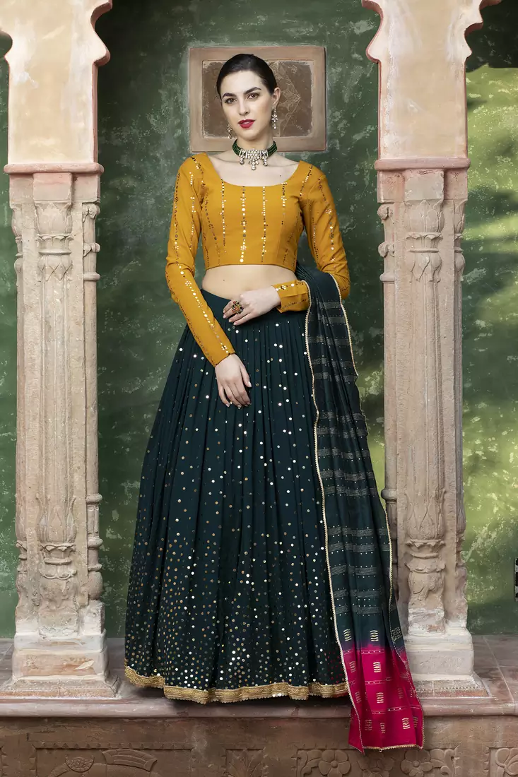 Dark green fancy sequins embroidered with glistening embellished Georgette semi stitched lehenga 