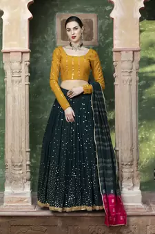 Dark green fancy sequins embroidered with glistening embellished Georgette semi stitched lehenga 