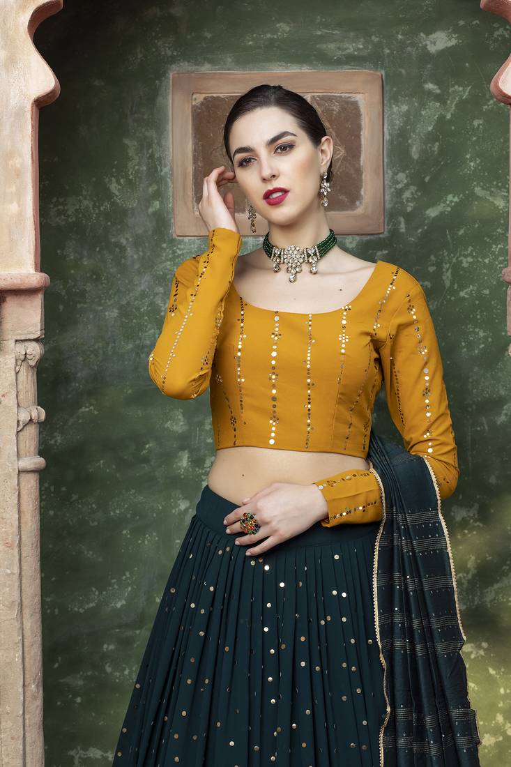 Dark green fancy sequins embroidered with glistening embellished Georgette Semi Stitched Lehenga 
