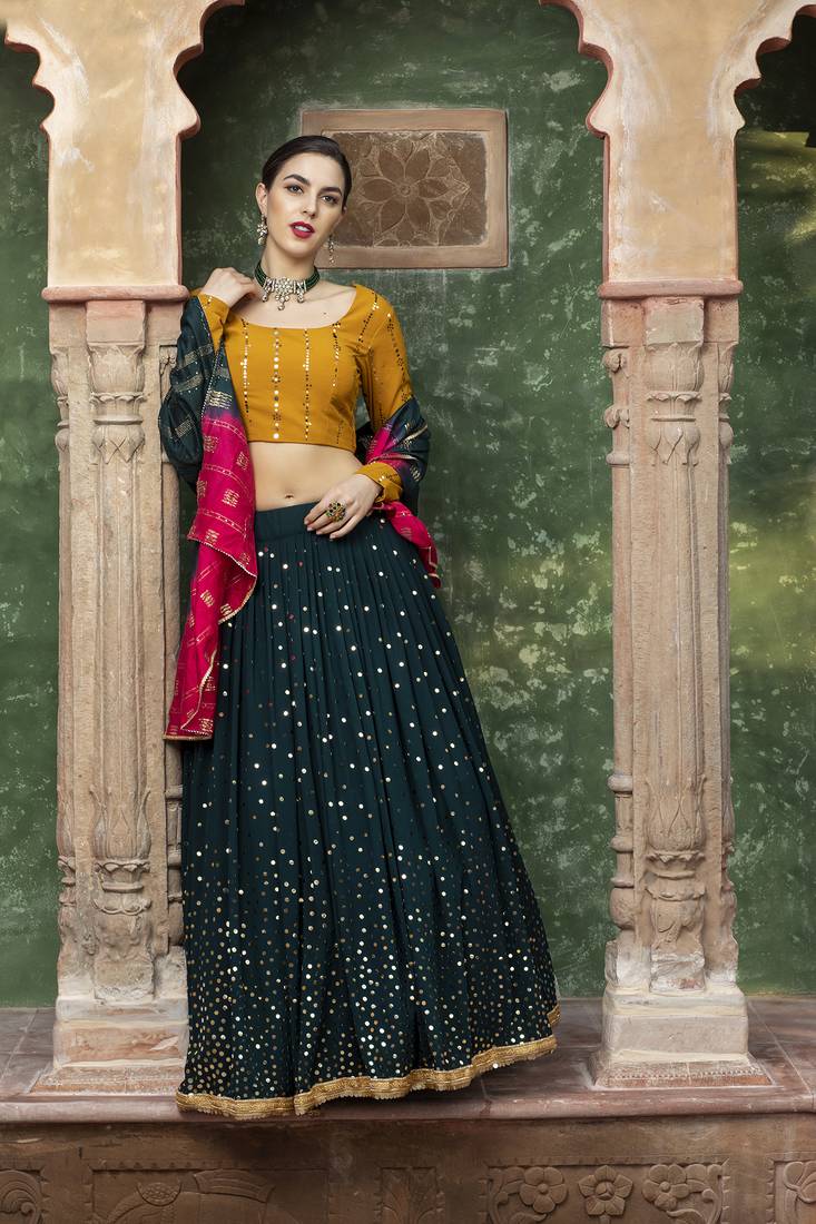 Dark green fancy sequins embroidered with glistening embellished Georgette Semi Stitched Lehenga 