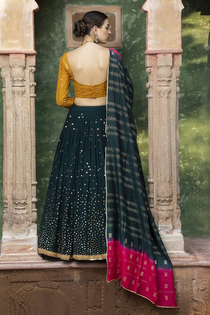 Dark green fancy sequins embroidered with glistening embellished Georgette Semi Stitched Lehenga 