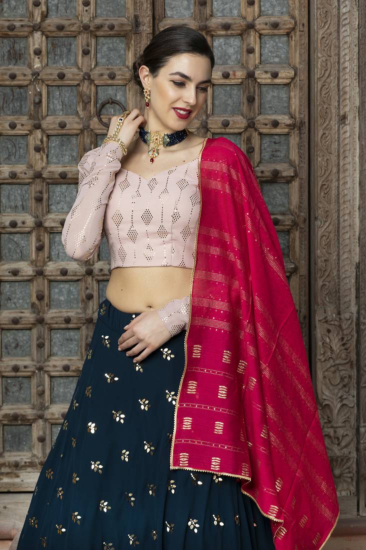 Blue fancy sequins embroidered with glistening embellished Georgette semi stitched lehenga 