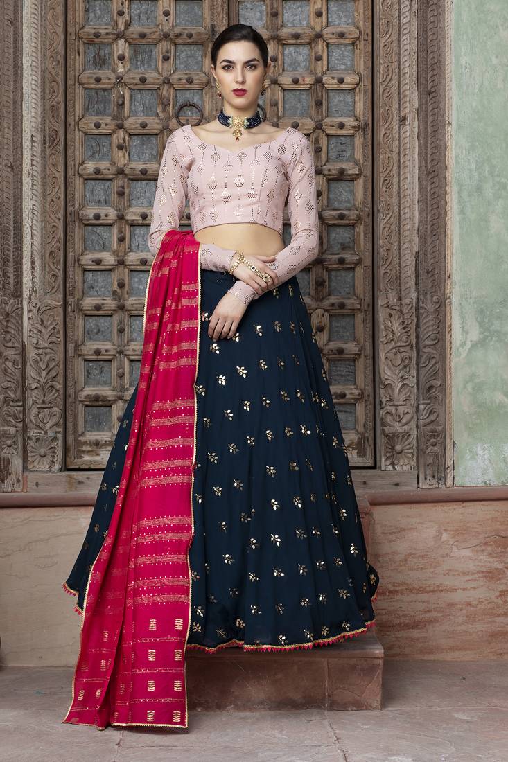 Blue fancy sequins embroidered with glistening embellished Georgette semi stitched lehenga 