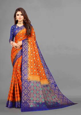 Orange woven art silksaree with blouse 1