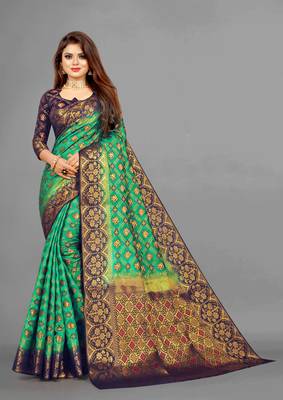 Green woven art silksaree with blouse 1