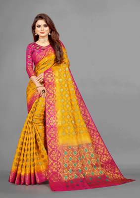 Yellow woven art silksaree with blouse 1