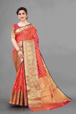 Orange woven art silksaree with blouse 1