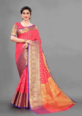 Peach woven art silksaree with blouse 1