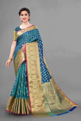 Sea green woven art silksaree with blouse 1