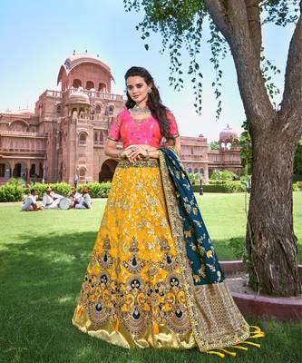 Yellow  Heavy Embroidered Silk Semi Stiched Lehenga 1