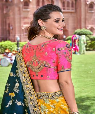 Yellow  Heavy Embroidered Silk Semi Stiched Lehenga 2