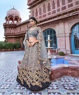 Grey  Heavy Embroidered Silk Semi Stiched Lehenga 1