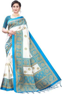 Turquoise printed art silk sarees saree with blouse 1
