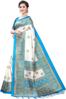 Turquoise printed art silk sarees saree with blouse 2