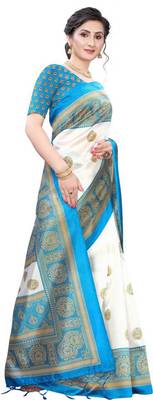 Turquoise printed art silk sarees saree with blouse 3