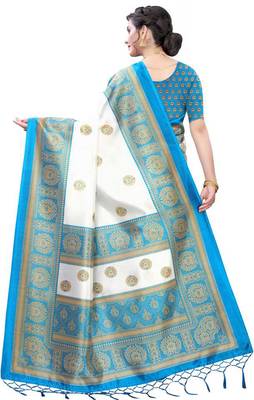 Turquoise printed art silk sarees saree with blouse 4
