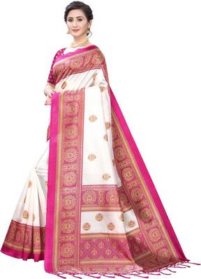 Pink printed art silk sarees saree with blouse 4